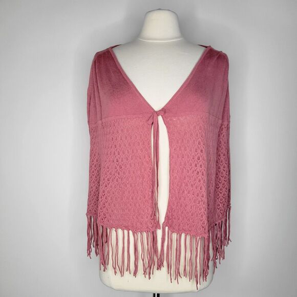 ANN TAYLOR Pink Cape M / L Silk Cotton Cashmere Fringe Knit Shawl Sweater Knit - Picture 1 of 6